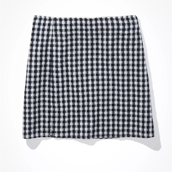 American Eagle Gingham Notched Mini Skirt Navy White Cotton Linen Size M - Picture 2 of 7